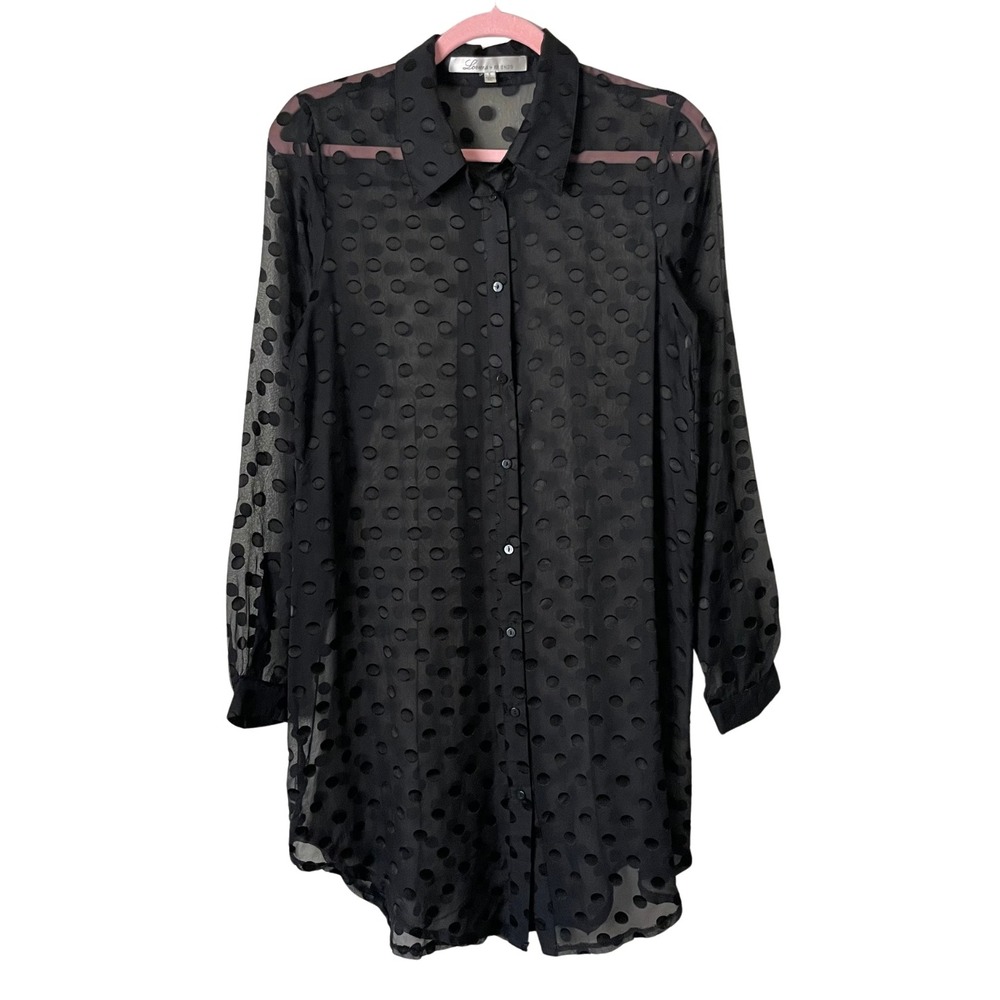 Lovers + Friends Tunic Top Small Black Sheer Burnout Polka Dot Button Down Retro